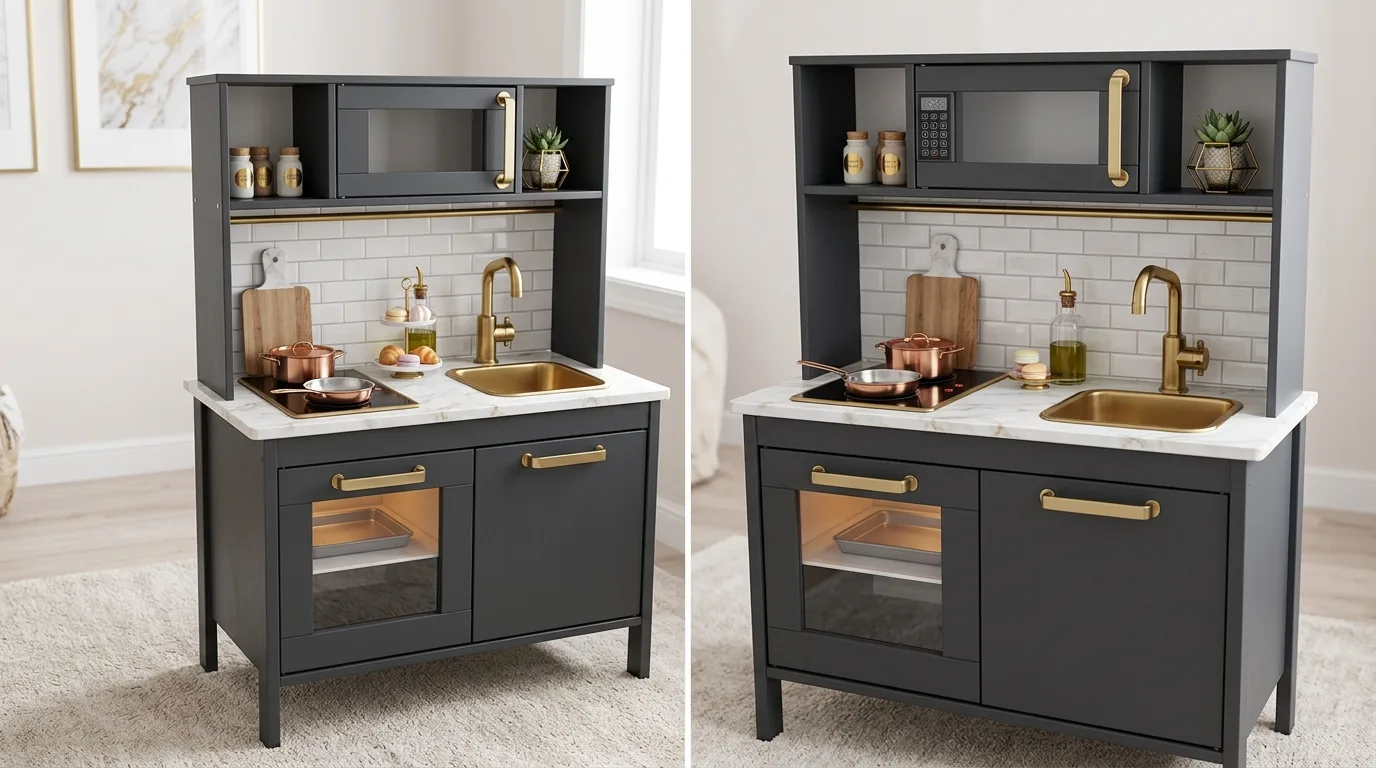 Use wallpaper or decals with a lighter hand inspiration for a kids play kitchen.
